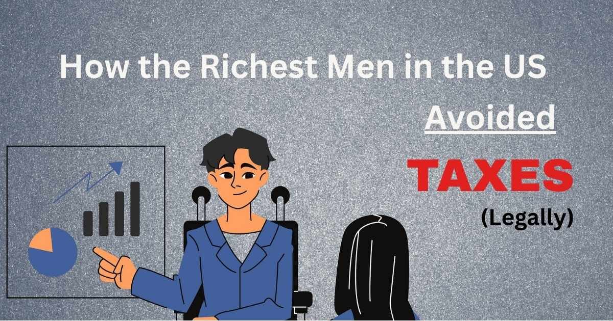 Man with black hair sitting down with a blue shirt pointing to a board with a pie chart and a bar graph with an arrow indicating upwards. A girl with black hair faces towards the man. The words "How the Richest Men in the US Avoided Taxes (Legally)