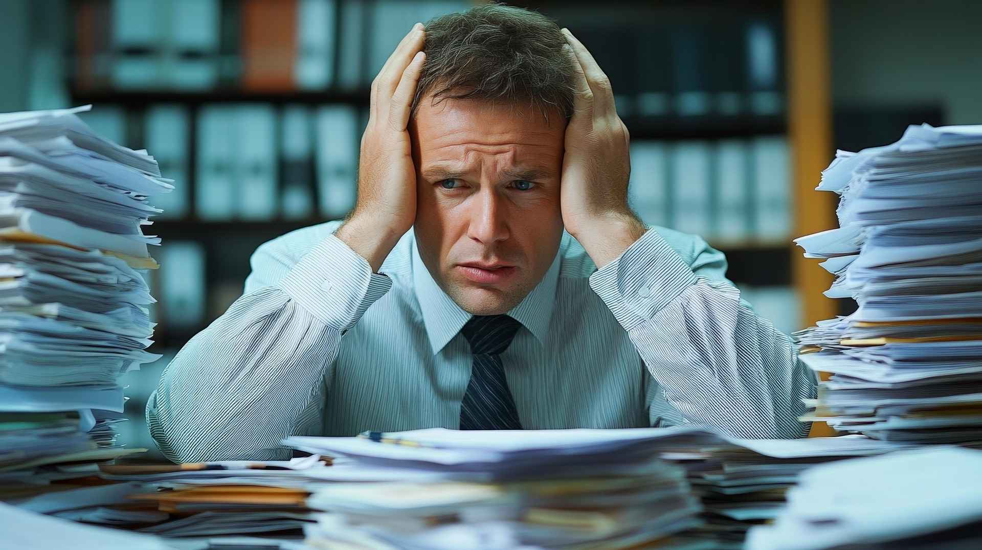 Man in a white button-up and tie frowning with both hands on his head and elbows on a desk that's piled with stacks of papers on all sides