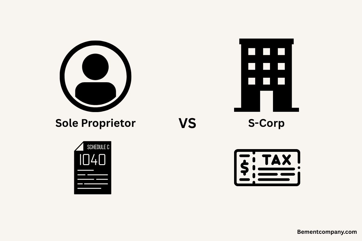 Icons of a person vs a building with the different tax forms they fill out for a sole proprietor and S-corp
